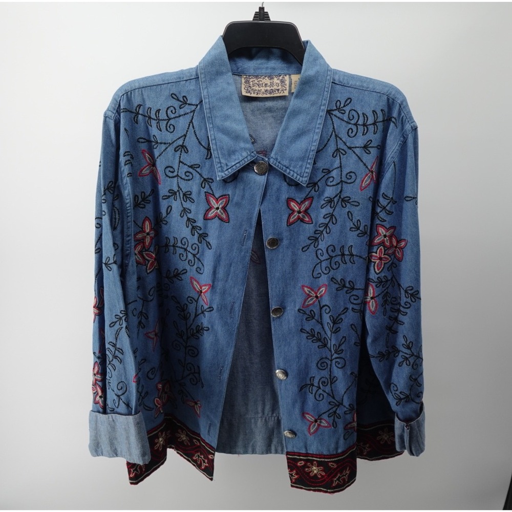TanTrum Blues Vintage Denim Shirt Jacket Floral Embroidered Cotton Blue Womens L